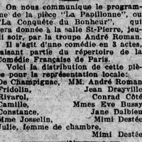 « La conquête du bonheur », ou « La papillonne », jouée par la troupe d'André Roman à la salle St-Pierre, le 24 février 1927