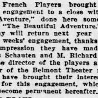 The French Players under the direction of Charles Schauten plays « La belle aventure » at the Belmont Theater, May 20, 1922