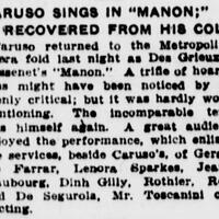 Caruso sings in “Manon”, recovered from his cold, 8 février 1913