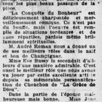 La troupe d'André Roman présente « La conquête du bonheur » à la salle St-Pierre, le 10 février 1927