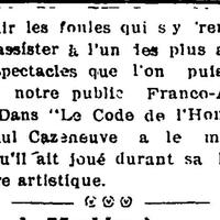 "Le Nashua Théâtre verra une troupe française jeudi, dans Le Code de l'Honneur", L'Impartial (Nashua, New Hampshire), 29 avril 1919, p.1, 2/2.