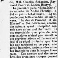 Les pièces « Jean-Marie », « Le jeu de l'amour et du hasard », « L'étincelle » et « Gringoire » jouées par de nombreux artistes français dont Charles Schauten au Women's Club, les 18 et 19 décembre 1916