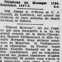 Honoré Vaillancourt présente « Pierrot Menteur » à l'Empire, à la fin du grand concert de la Saint-Vincent, à Lewiston, 6 février 1920