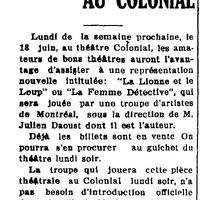 "DES ARTISTES DE MONTREAL AU COLONIAL", L'Impartial (Nashua, New Hampshire), 14 juin 1923, p.1.