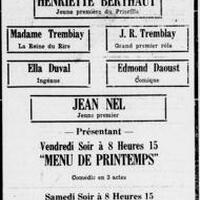 La troupe du clocher de Montréal présente « Menu de printemps » et « Le supplice d'un père » à Lewiston, les 8 et 9 février 1929, à la salle St-Pierre