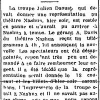 "LA TROUPE DAOUST NE VIENDRA QUE JEUDI LE 18 COURANT", L'Impartial (Nashua, New Hampshire), 9 avril 1918, p.1.