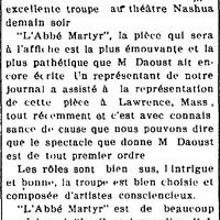 "TROUPE DAOUST DANS UN DRAME TRES EMOUVANT", L'Impartial (Nashua, New Hampshire), 24 avril 1923, p.1.