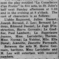 The troupe of Julien Daoust presents « La conscience d'un prêtre » in St. John's hall next Sunday afternoon and night, October 7, 1921