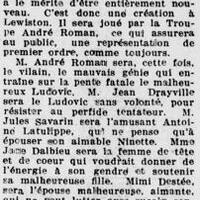 La pièce dramatique « Le Petit » jouée à la salle St-Pierre à Lewiston par la troupe d'André Roman, le 25 février 1927